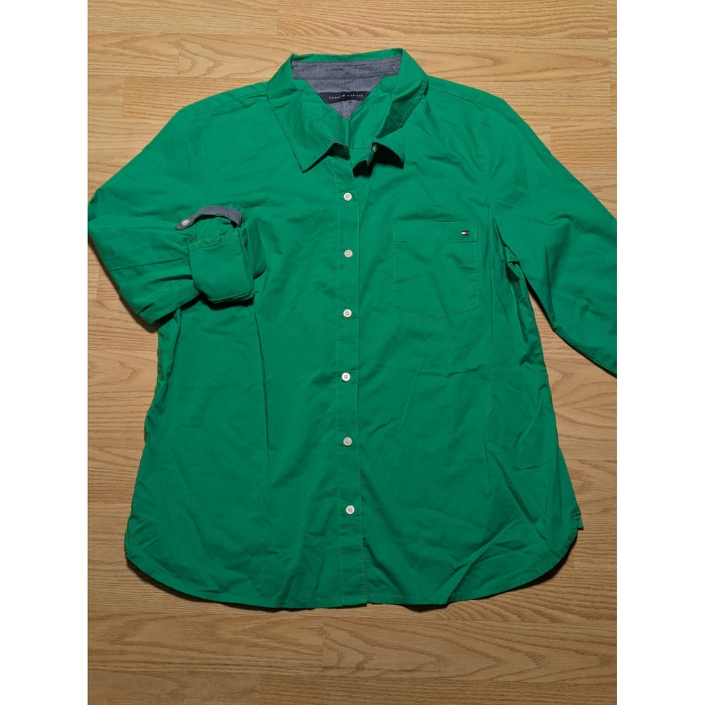Tommy Hilfiger Womens Long Sleeve Button Down Shirt Green Large